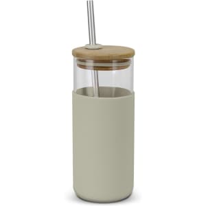 A glass tumbler with a light green silicone sleeve, bamboo lid, and stainless steel straw. It features a logo.