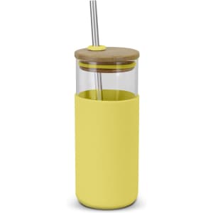 A glass tumbler in bright yellow, featuring a wooden lid and a stainless steel straw.