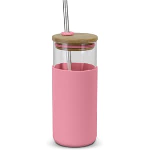 A glass tumbler in pink with a bamboo lid and stainless steel straw. It features a silicone sleeve.