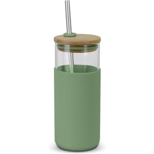 A glass tumbler in a muted green colour, featuring a bamboo lid and stainless steel straw.