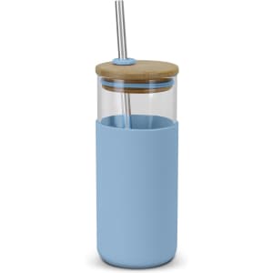 A glass tumbler with a light blue silicone sleeve, bamboo lid, and stainless steel straw.