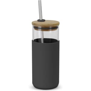 A glass tumbler with a black silicone sleeve, bamboo lid, and stainless steel straw.