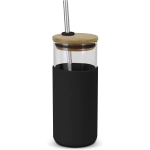 A glass tumbler with a black silicone sleeve, bamboo lid, and metal straw.
