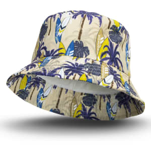 A custom bucket hat featuring a tropical design with palm trees and surfboards in yellow and blue on a beige background.