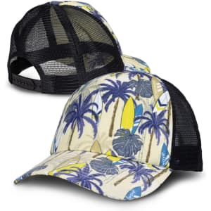 A custom mesh cap featuring a tropical print with palm trees and surfboards, predominantly in yellow and blue, with a black mesh back.