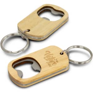 A drink bottle opener key ring made of wood with a silver metal opener and a key ring attachment.