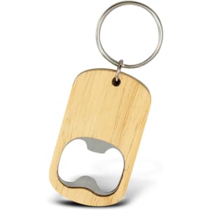 A drink bottle opener key ring with a wooden finish and a metal bottle opener integrated into the design.