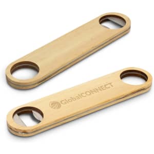 A drink bottle opener made of wood with a branding logo, featuring two circular openings on each end.