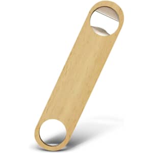 A drink bottle opener made of light wood, featuring two circular openings and a metal tip. Includes a branding logo.