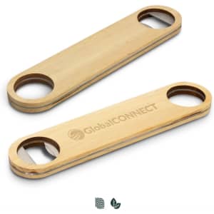 A drink bottle opener made of light-coloured wood, featuring two circular openings and a logo.