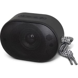 A black Bluetooth speaker with a woven strap, featuring a mesh grille and buttons on the top.