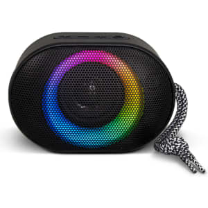 A black outdoor Bluetooth speaker featuring a multicoloured LED ring and a woven strap.