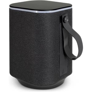 A cylindrical Bluetooth speaker in black with a textured fabric finish and a carrying strap.