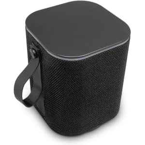 A black Bluetooth speaker with a textured exterior and a handle for easy carrying. It features a square top design.
