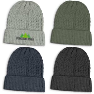 Four knitted beanies in grey, green, navy, and charcoal, featuring a logo on the grey one.