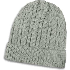 A light grey knit beanie with a textured cable design and a folded brim. It has a logo on it.