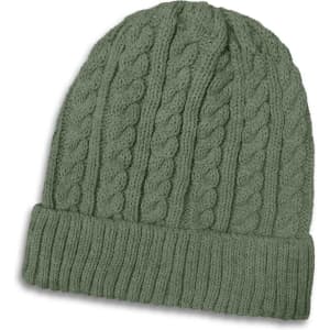 A green knitted beanie featuring a cable pattern and a ribbed cuff, with a logo displayed.