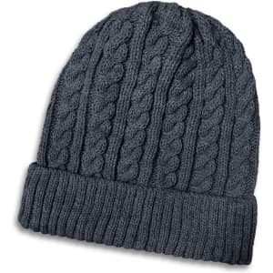 A dark grey knit beanie featuring a cable pattern and a ribbed cuff. It has a logo on the side.