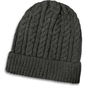 A dark grey knitted beanie featuring a cable knit design and a ribbed cuff. It includes a logo.