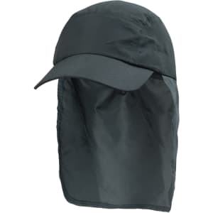 A legionnaire hat in dark green, featuring a wide brim and a protective neck flap, with a logo on the side.