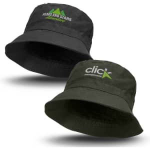 A black and dark green oilskin bucket hat with logos on the front. The hats feature a wide brim for sun protection.