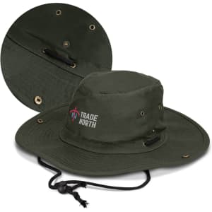 An olive green wide brim hat with a logo, featuring eyelets and a chin strap for secure fit.