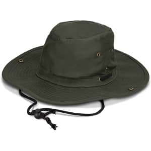 An olive green oilskin wide brim hat with eyelets and an adjustable cord. Suitable for outdoor activities.
