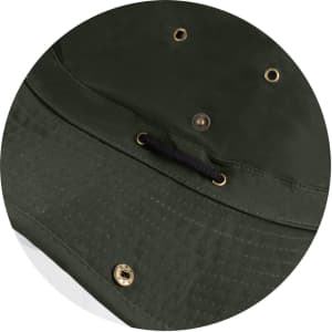 A wide-brim hat in a deep green colour featuring brass eyelets and a drawstring for adjustment.