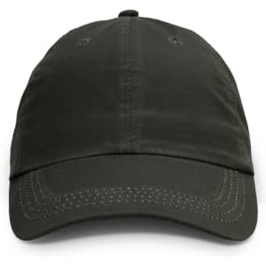 An oilskin cap in dark green, featuring a curved brim and stitched detailing. It has a logo on the front.