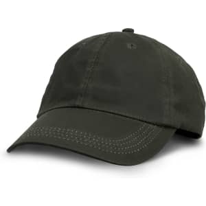 An olive green oilskin cap with stitching details and a curved brim, featuring a logo on the front.