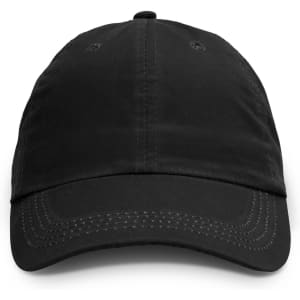 A black oilskin cap with stitched detailing and a logo on the front, featuring a classic cap design.