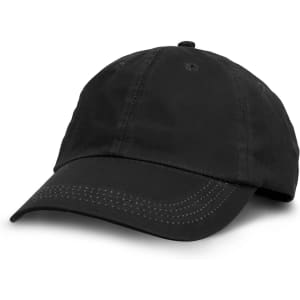 A black oilskin cap with a curved peak, featuring stitched detailing and ventilation holes.