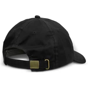 A black oilskin cap featuring a brass buckle adjustment on the back and a textured fabric finish.
