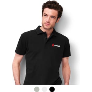 A black men's polo shirt featuring a logo on the left chest. Available in additional colours: grey and white.