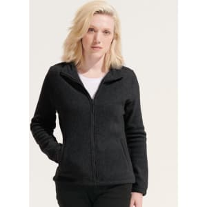 A women's black fleece jacket with a zip front and a collar, featuring a fitted design and long sleeves.
