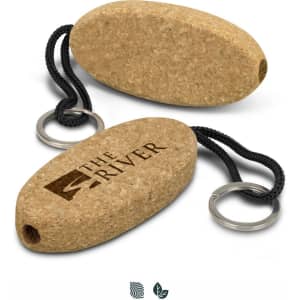 Cork floating key ring in a natural brown colour with a cord and metal keyring attachment, featuring a logo.