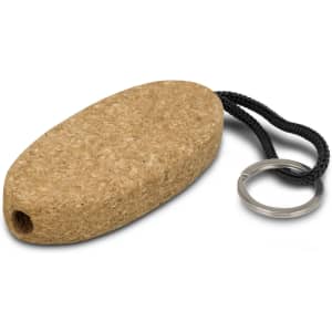 A cork key ring with a black strap and metal keyring, featuring an oval shape and natural colour.