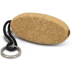 A cork floating key ring in a natural beige colour, featuring a black nylon strap and a metal keyring.