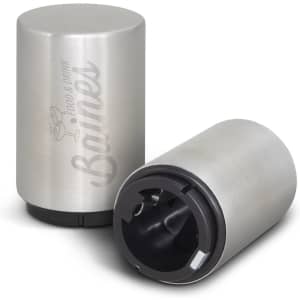 A drink bottle opener in silver stainless steel with a black base, featuring a logo on one side.