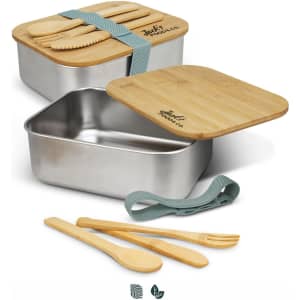 A stainless steel lunch box with a bamboo lid and cutlery set, featuring a blue strap. Includes a logo.