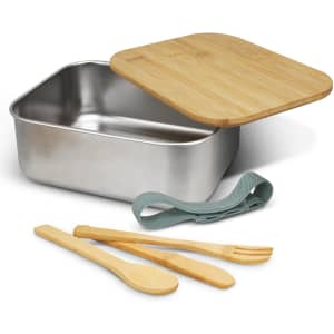 A stainless steel lunch box with a bamboo lid, accompanied by wooden cutlery and a green elastic strap.