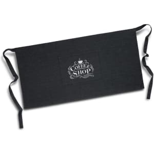 A dark denim waist apron with a centre pocket and an emblem featuring a coffee shop logo.