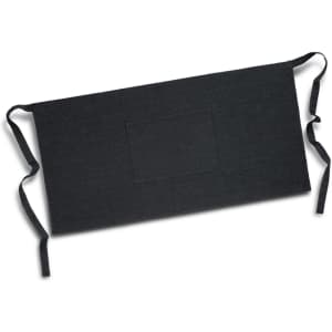 A black denim waist apron featuring a front pocket and ties for adjustment. It has a logo or branding.