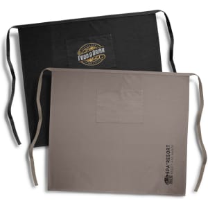 A black and beige full-length waist apron featuring a pocket and logos on both sides.
