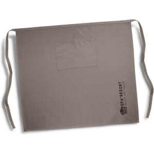 A full-length waist apron in taupe with a pocket and a logo on the side. Suitable for workwear use.