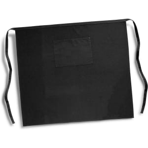 A black full-length waist apron featuring a front pocket and long ties. Includes a logo on the design.