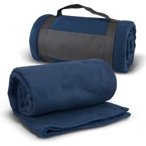 A navy fleece blanket rolled and secured with a black strap, displaying a soft, textured surface.