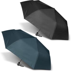 A pair of umbrellas in dark green and black, featuring a simple design and a curved handle. Each has a logo.