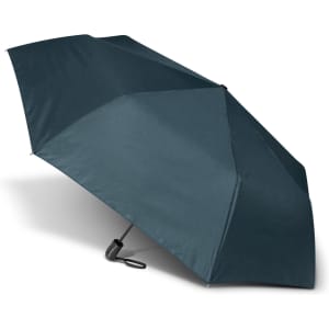 A dark green umbrella with a black handle, featuring a logo on the fabric.