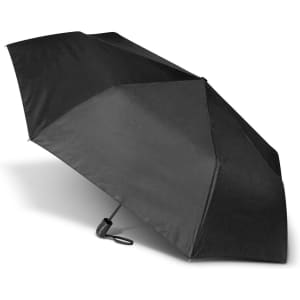 A black umbrella with a sturdy design and a handle, featuring a simple and sleek appearance.